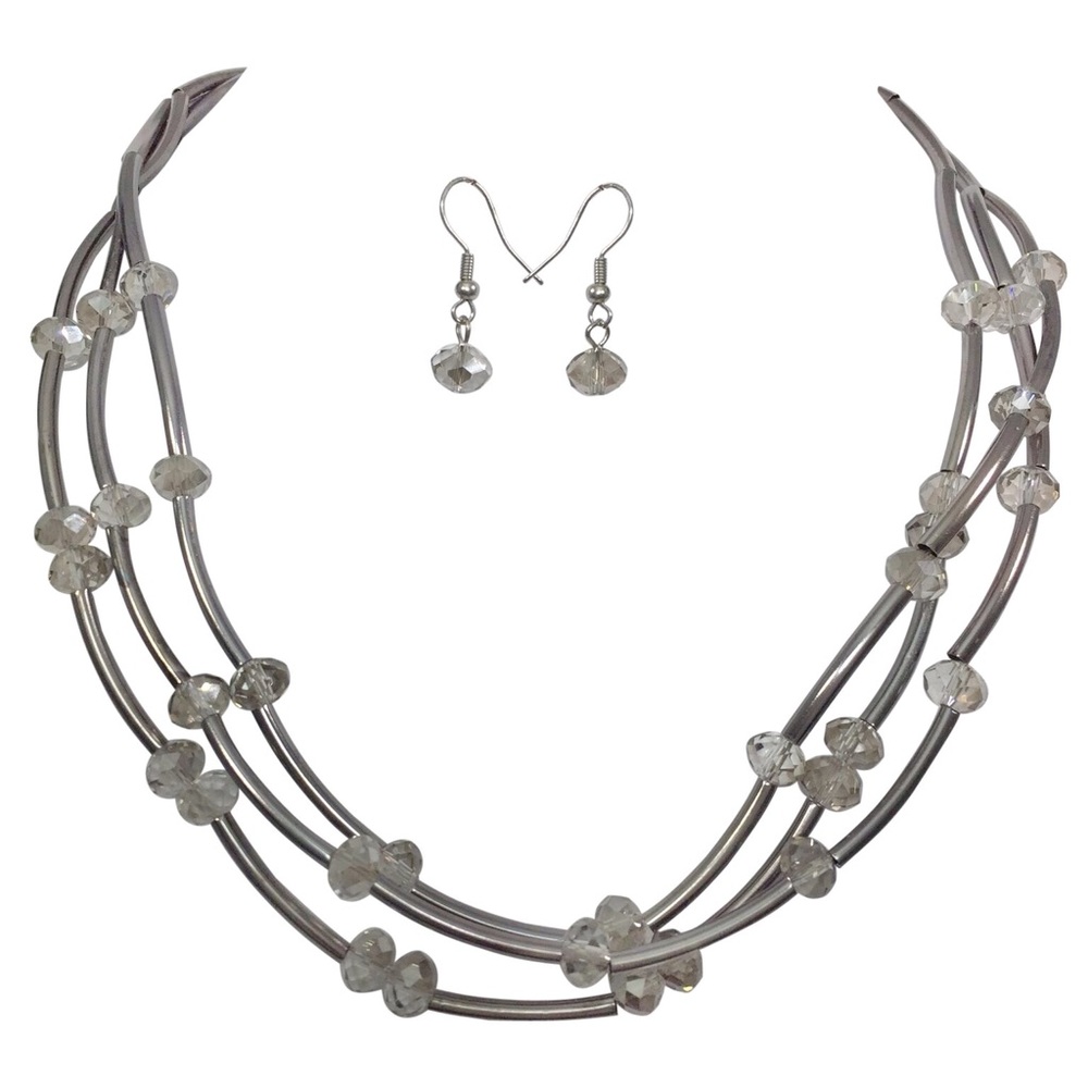Noodle Tube Grey Bead Necklace Earrings Set